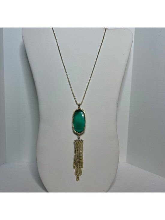 Kendra Scott Jewelry - Kendra Scott Gold Tone Curved Box Chain Necklace W/ Green Tassel Pendant (6382)